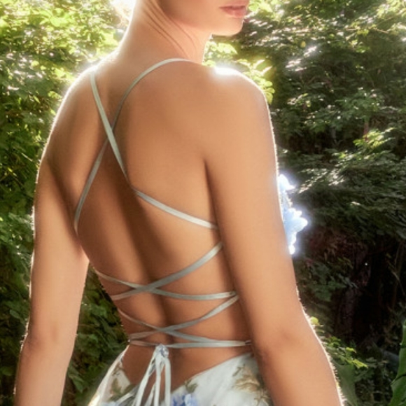 Pink,blue,blush, yellow floral long floor length a line lace up open back dress - Picture 9 of 10